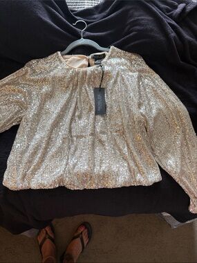 Rachel Zoe Silver Sequin Long-Sleeve Top